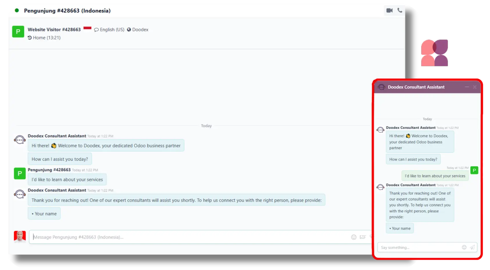 Chaque demande de chat d'un visiteur est automatiquement enregistrée dans Odoo