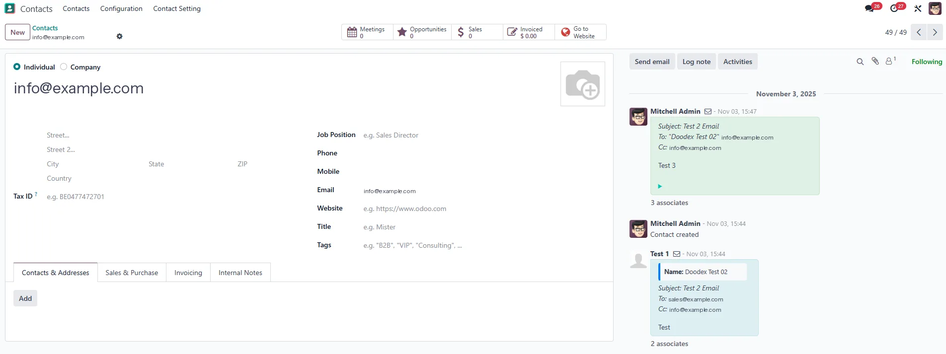 An email thread synced two ways between Gmail and an Odoo opportunity