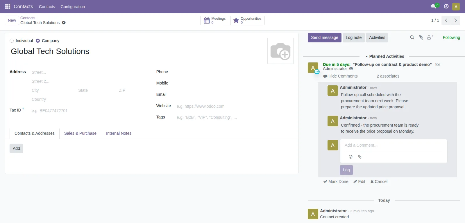 A single shared activity thread mirrored across every linked contact, company and lead