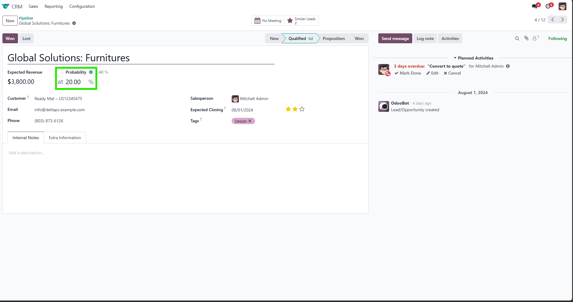 Odoo CRM opportunity showing deal probability and expected revenue