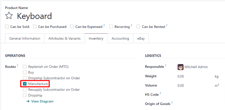 Odoo Manufacturing product setup with Manufacture route selected