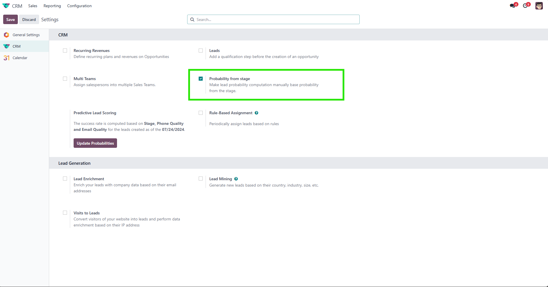 CRM probability by sales stage setting in Odoo CRM