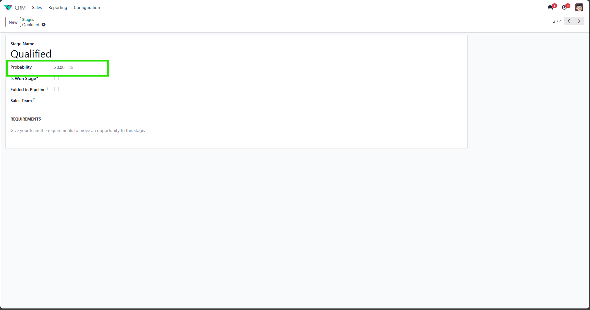 Odoo CRM deal stage with default probability percentage