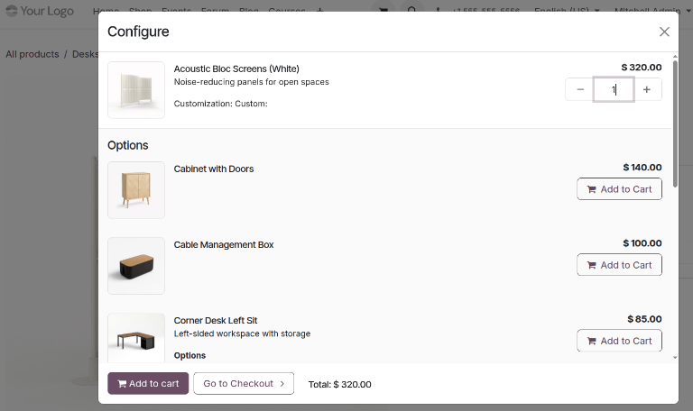 Produits optionnels lors du paiement dans Odoo eCommerce
