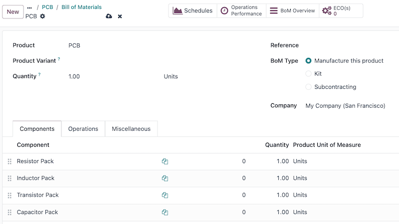 Odoo bill of materials configuration showing product components