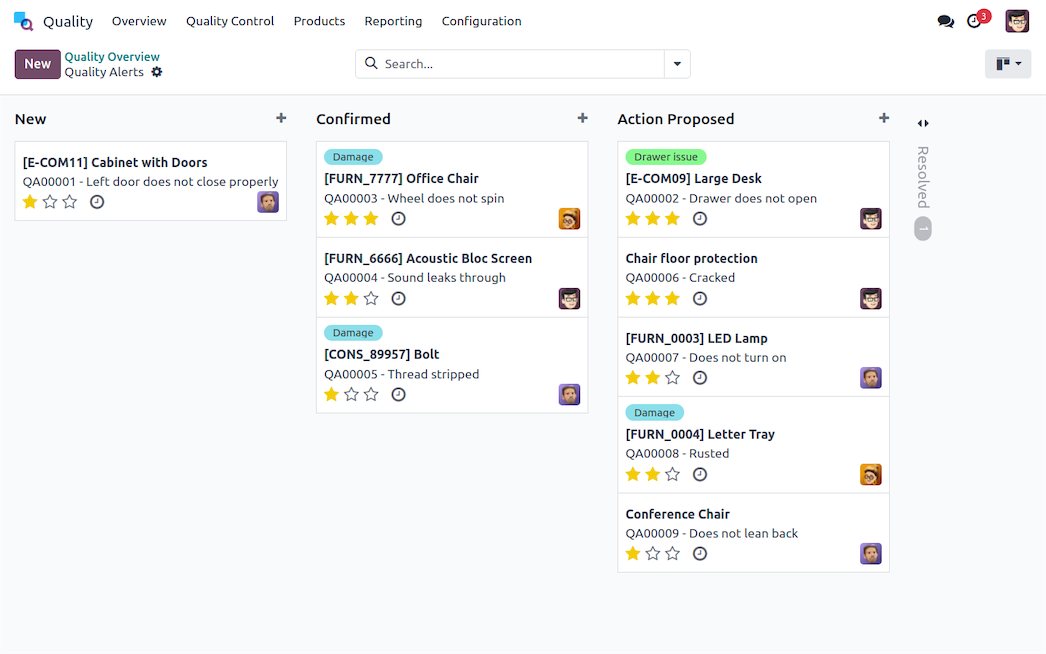 Odoo quality control dashboard showing real-time quality alerts