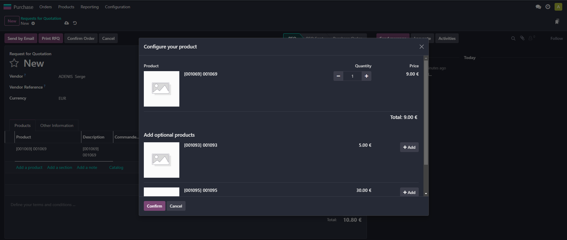 Montre le configurateur de produit pour les produits optionnels dans l'achat (module Odoo par Doodex)