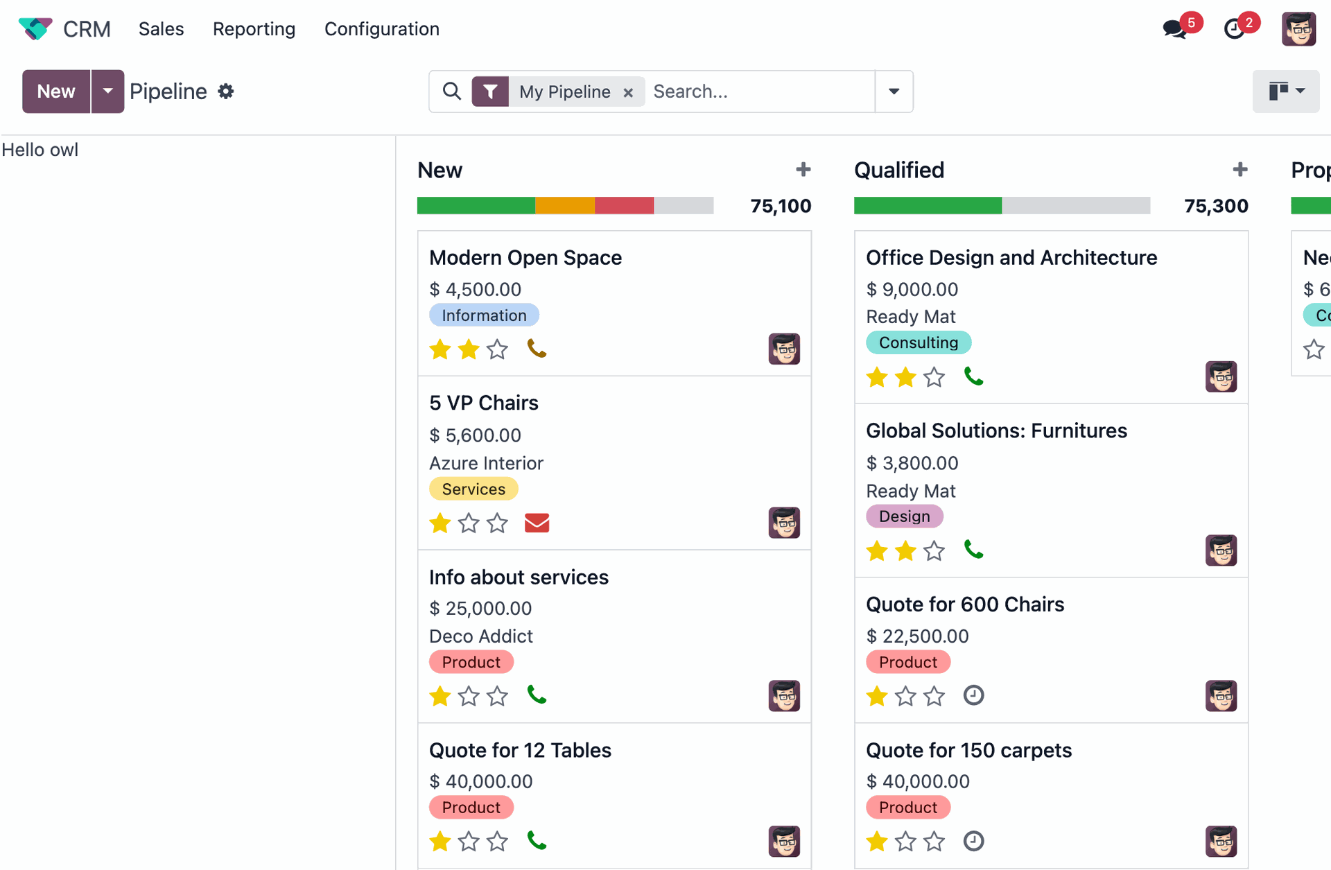 Odoo CRM kanban visualization board showing real-time sales pipeline stages and opportunities