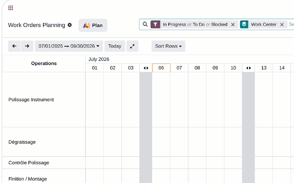 Capture Odoo : planning des ordres de travail en vue Gantt, par centre de charge