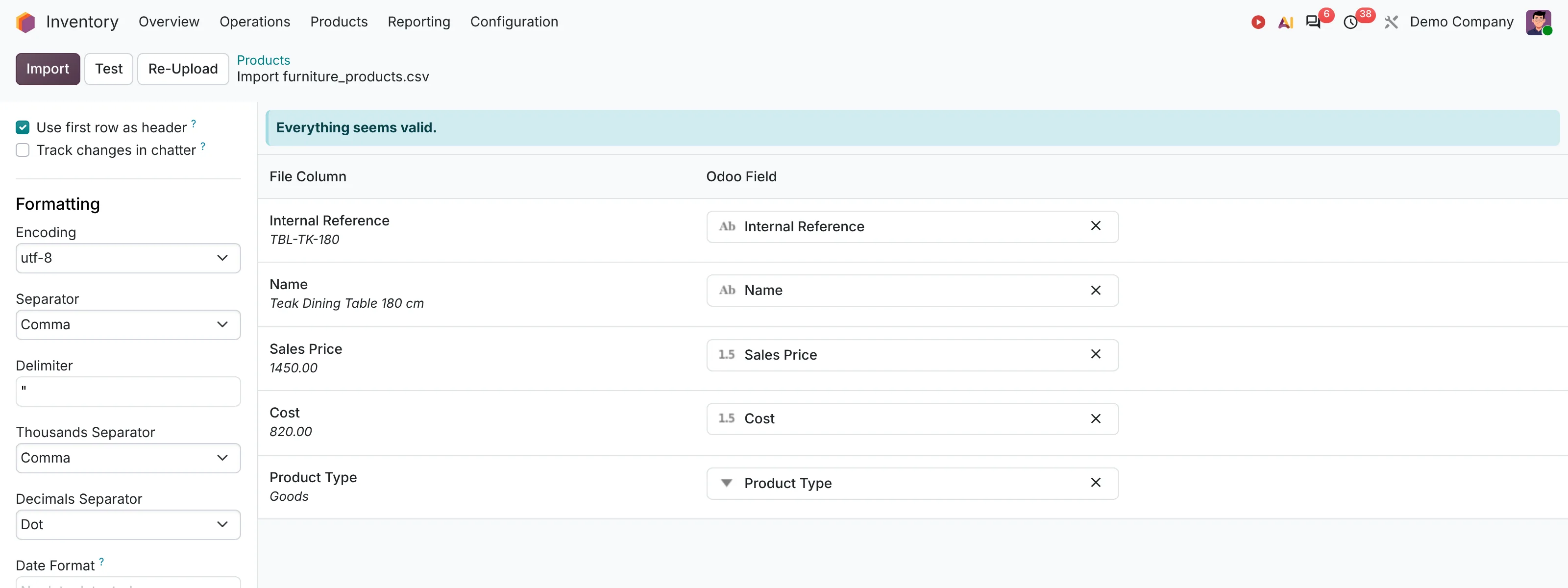 Odoo data import mapping a furniture products CSV file to Odoo fields