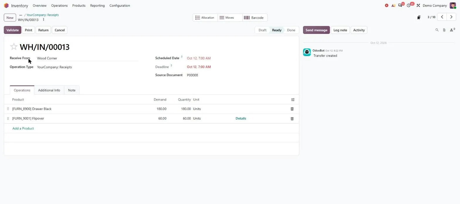 Odoo inventory receipt recording quantity received against the purchase order