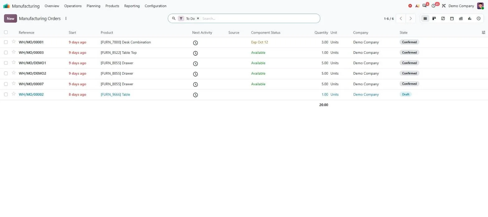 Odoo Manufacturing order list showing made-to-order furniture production orders