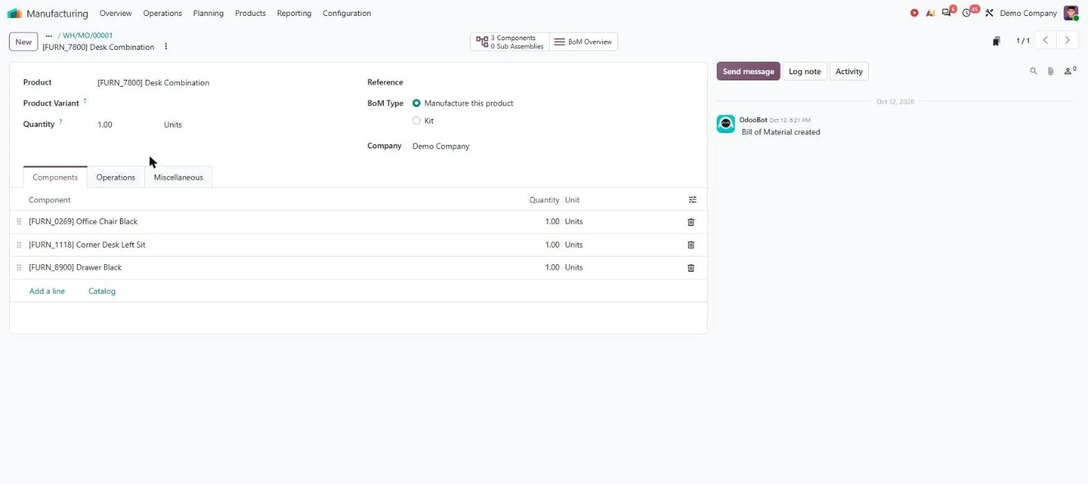 Multi-level bill of materials for a furniture piece in Odoo