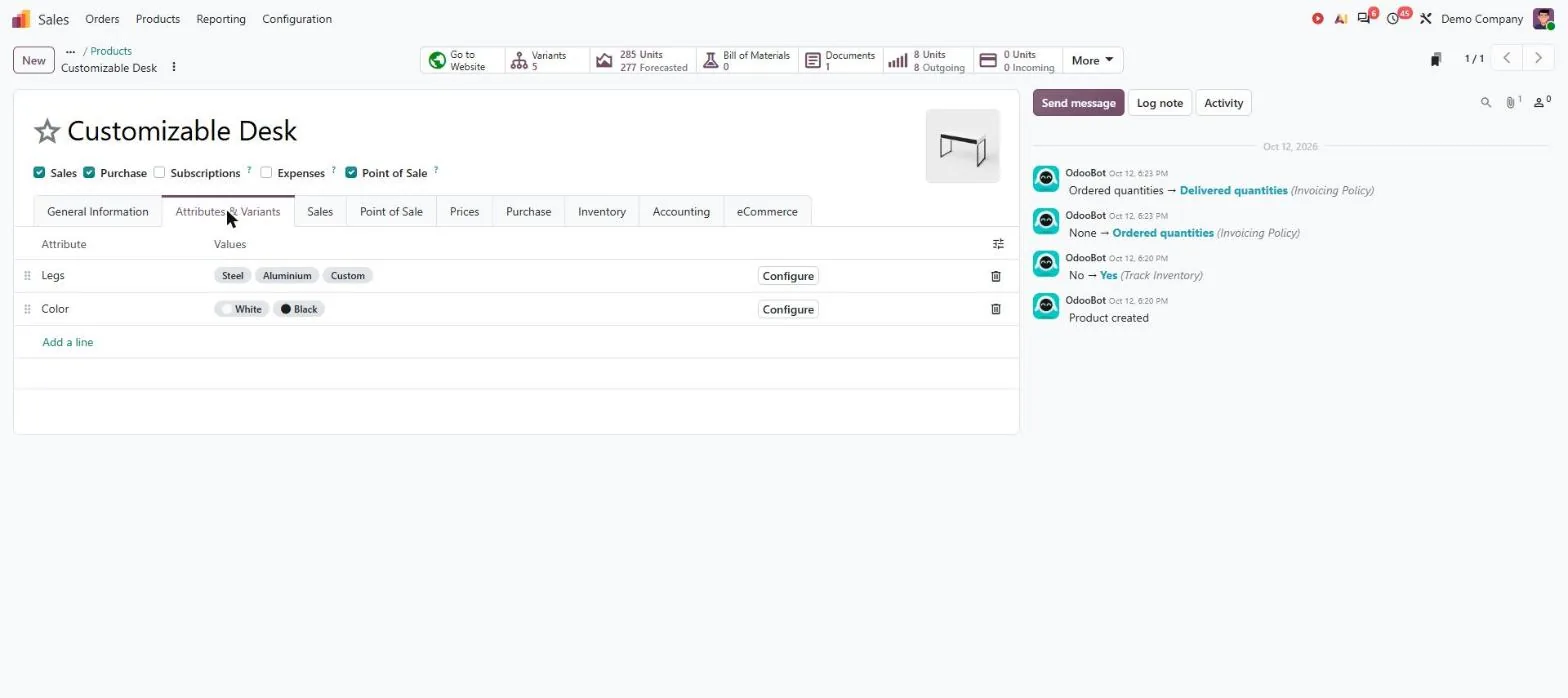 Odoo product variant attributes capturing custom furniture dimensions and finishes