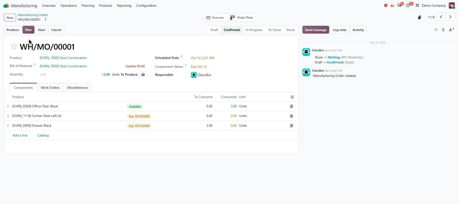 Confirmed Odoo sales order generating a linked manufacturing order