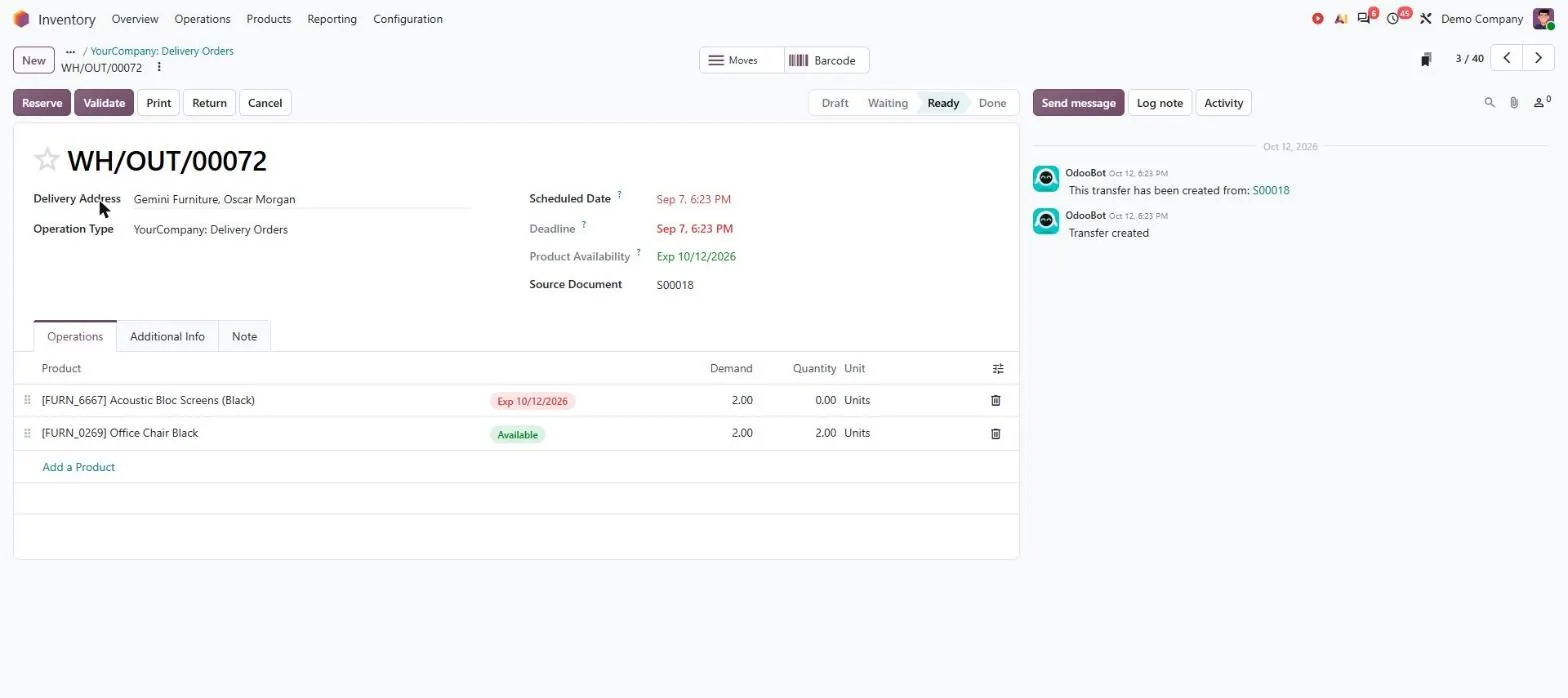 Odoo sales order linked through to delivery and export container