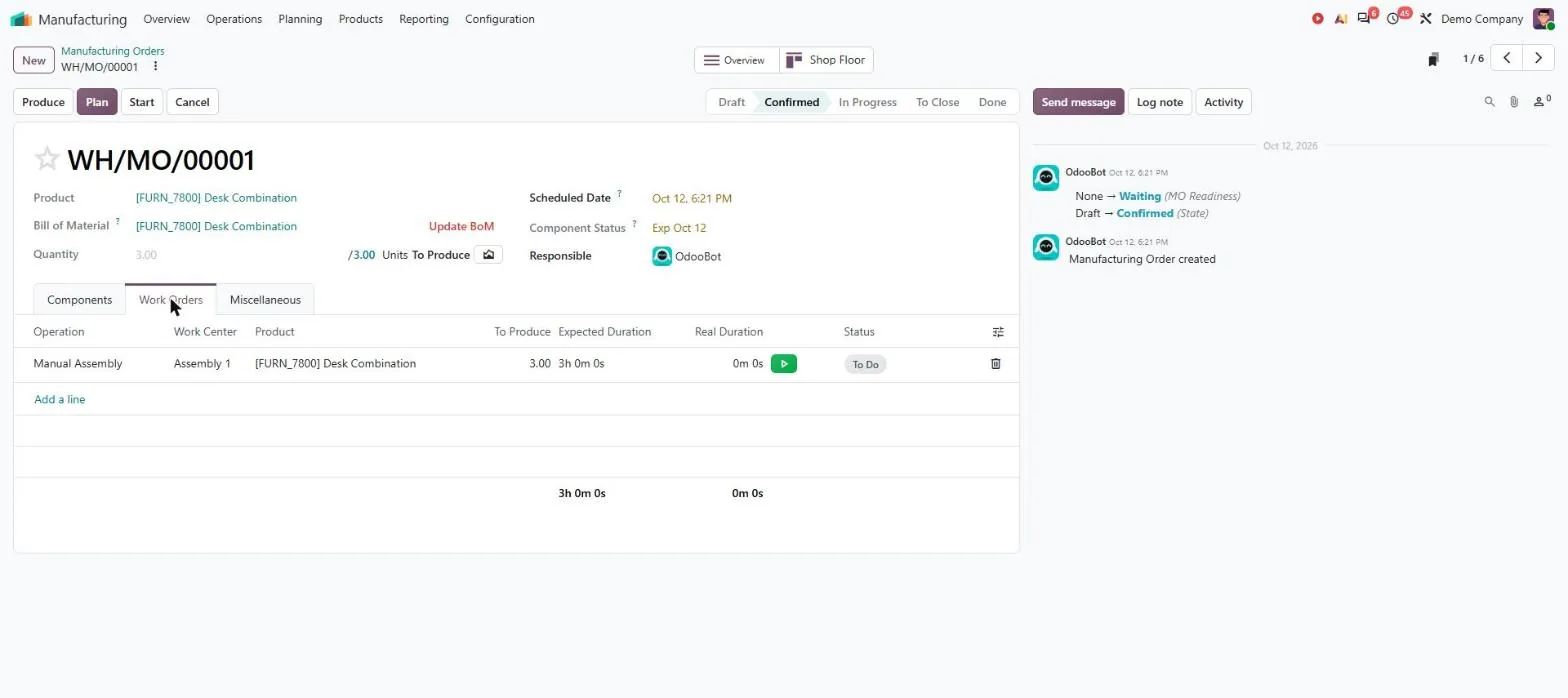 Routed shop-floor work orders in Odoo Manufacturing