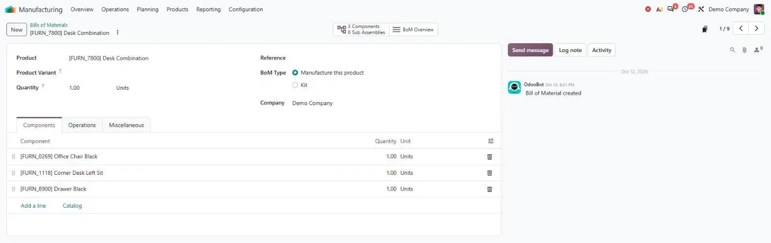 Odoo Fabrikasi - Bill of materials, produk furniture Desk Combination