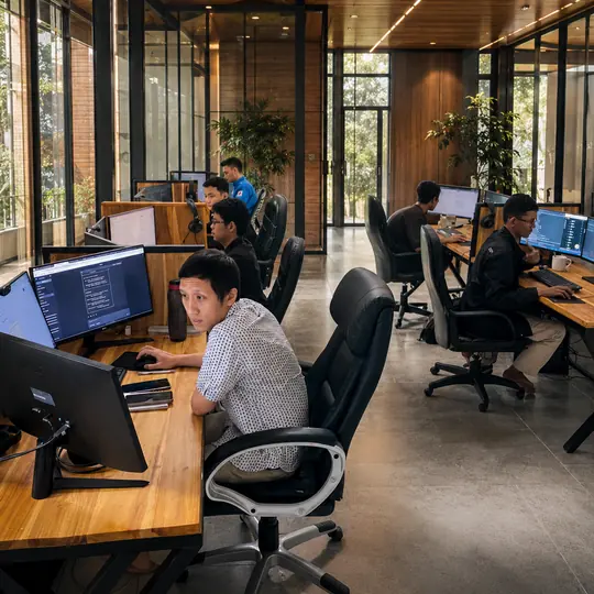 L'équipe de développement Doodex au travail dans le studio Odoo en open space