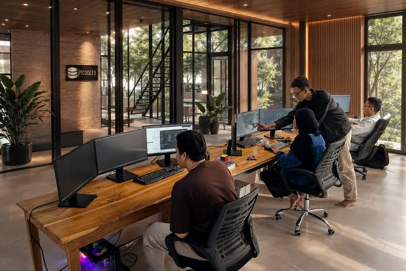 Des développeurs Doodex aux postes du studio, l'un examinant du code Odoo à l'écran avec un collègue