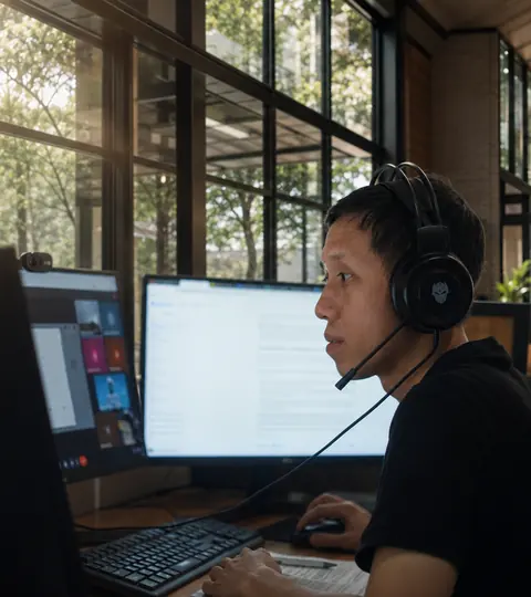 Un ingénieur support Doodex avec casque, travaillant sur deux écrans