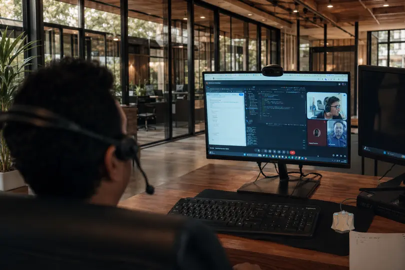 Un développeur Doodex en revue de code visio, avec le code source Odoo à l'écran