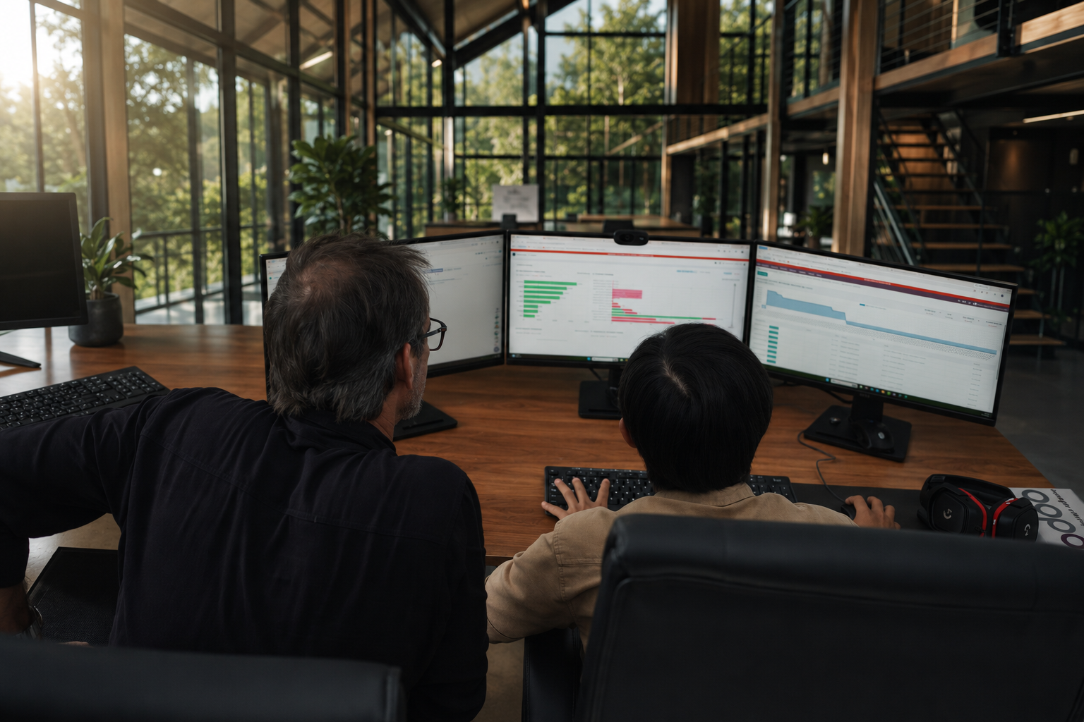 L'équipe Doodex se tenant dans l'atrium du bureau