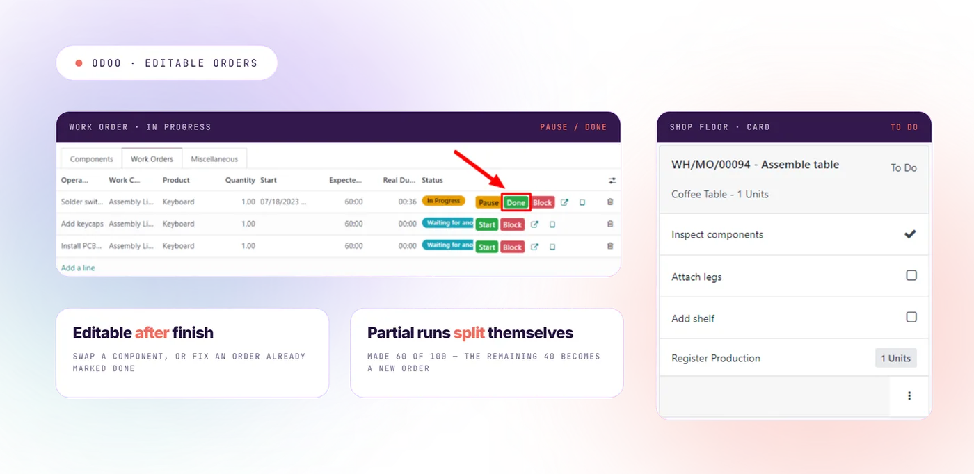 Editing an Odoo manufacturing order after it started — swapping a component and closing a partial run