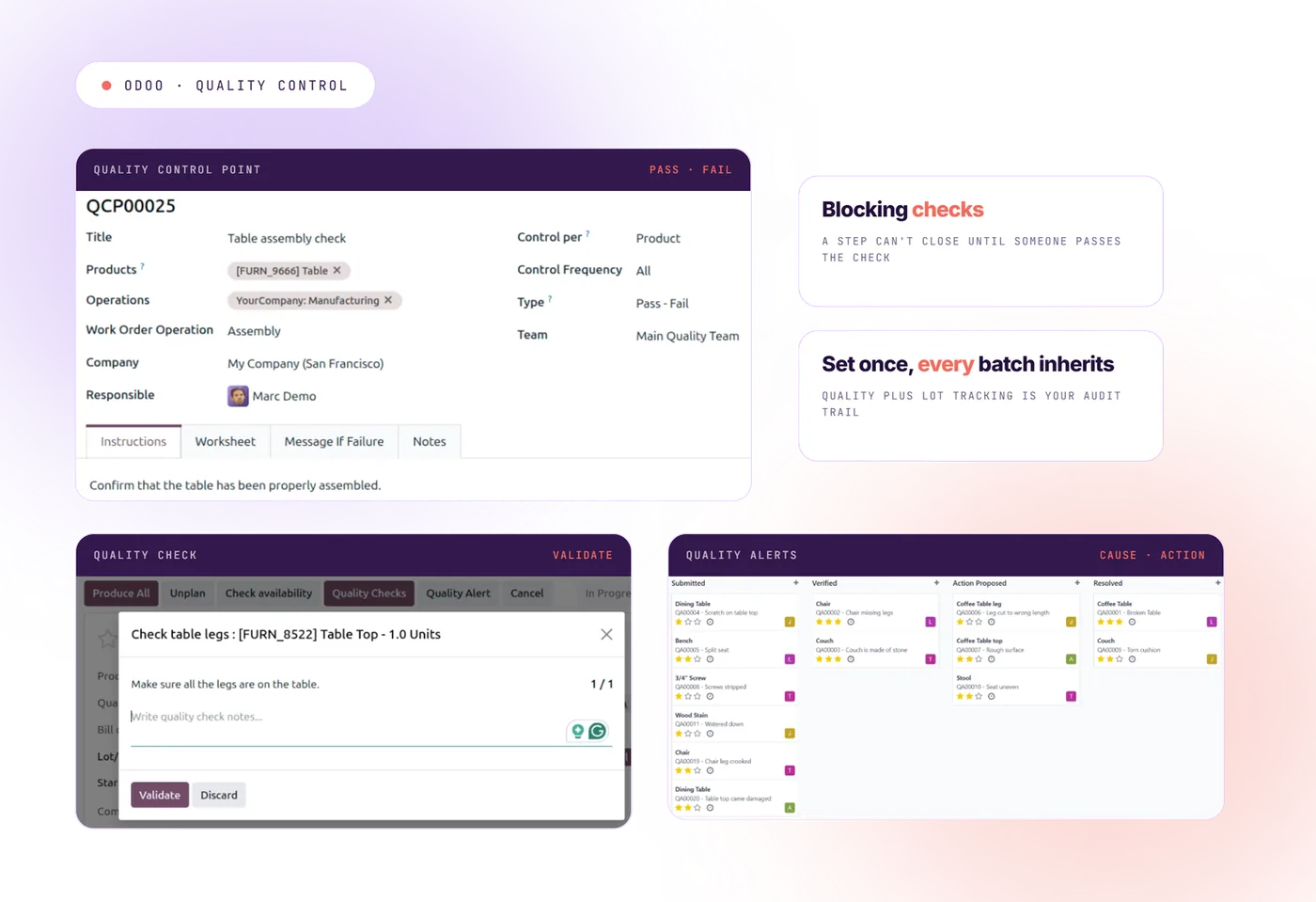 Odoo quality control check on a manufacturing operation, with a measurement inside tolerance