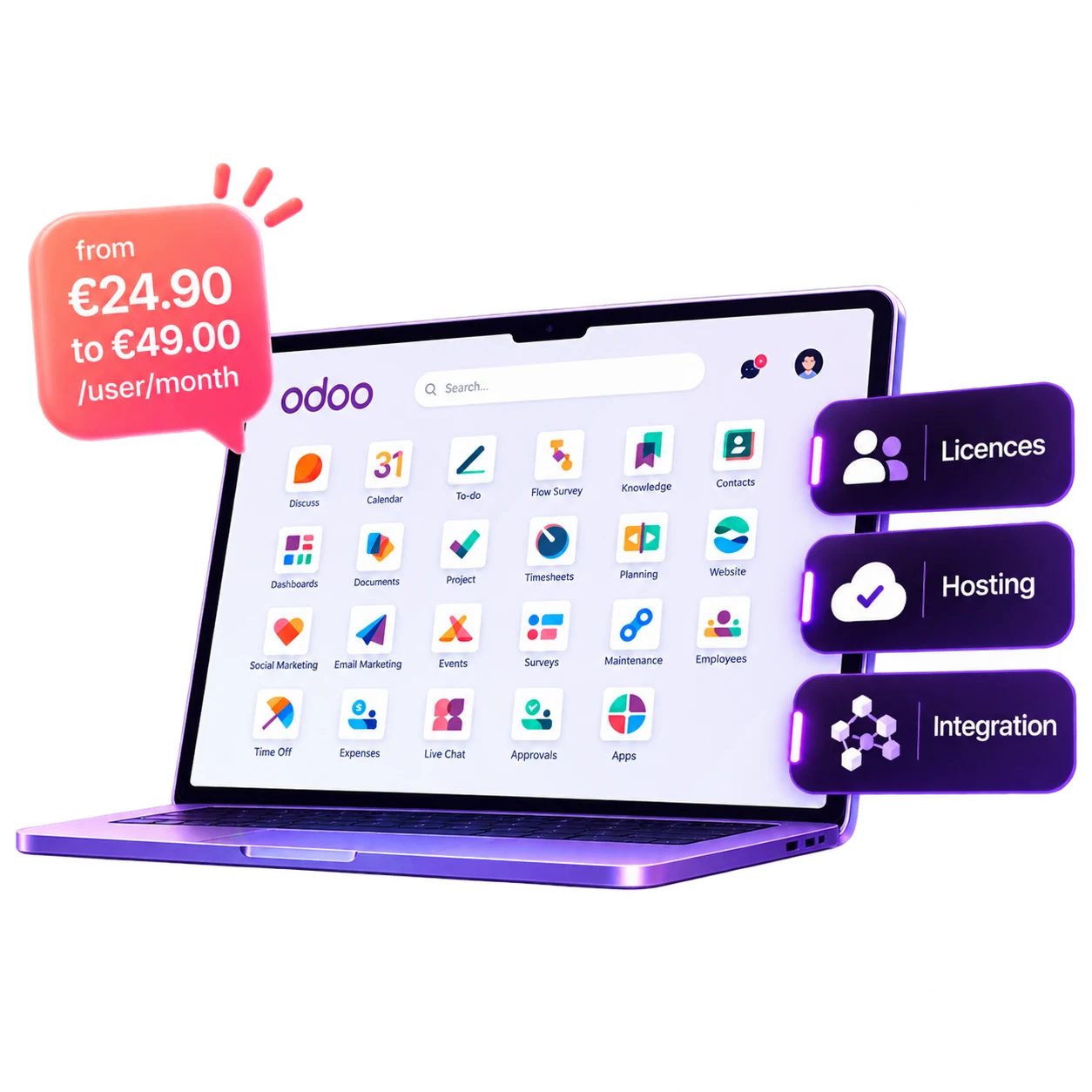 Odoo pricing 2026: licence plans from €24.90 to €49.00 per user per month, hosting and integration