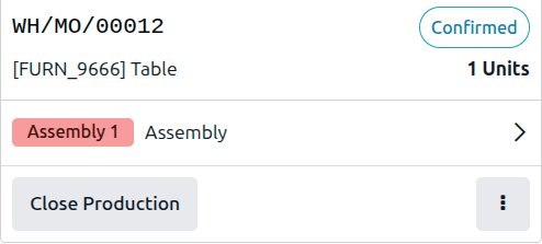 Odoo Shop Floor tablet showing a confirmed manufacturing order for a table, with the Assembly operation and a Close Production button