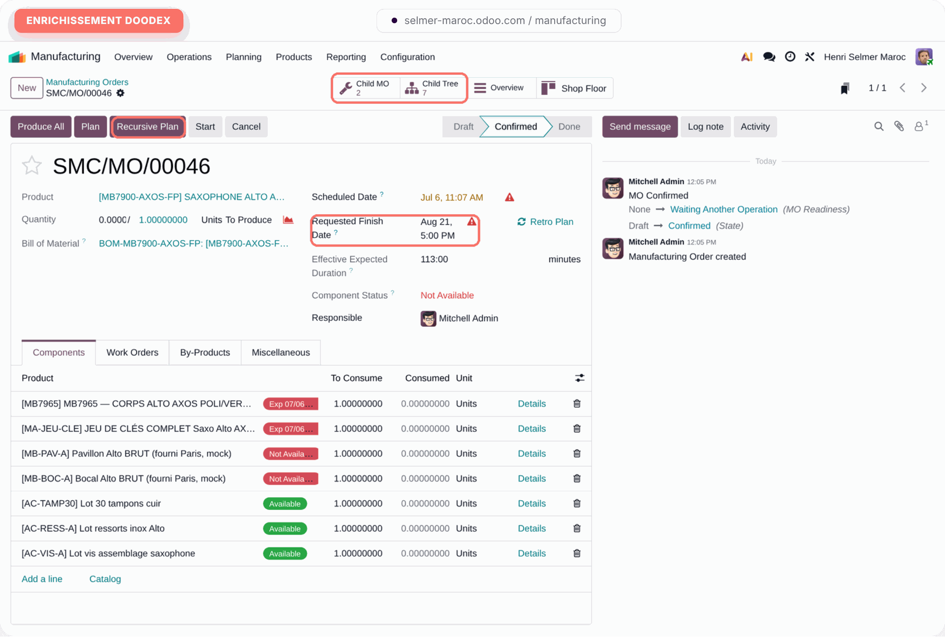 Ordre de fabrication — enrichi Doodex